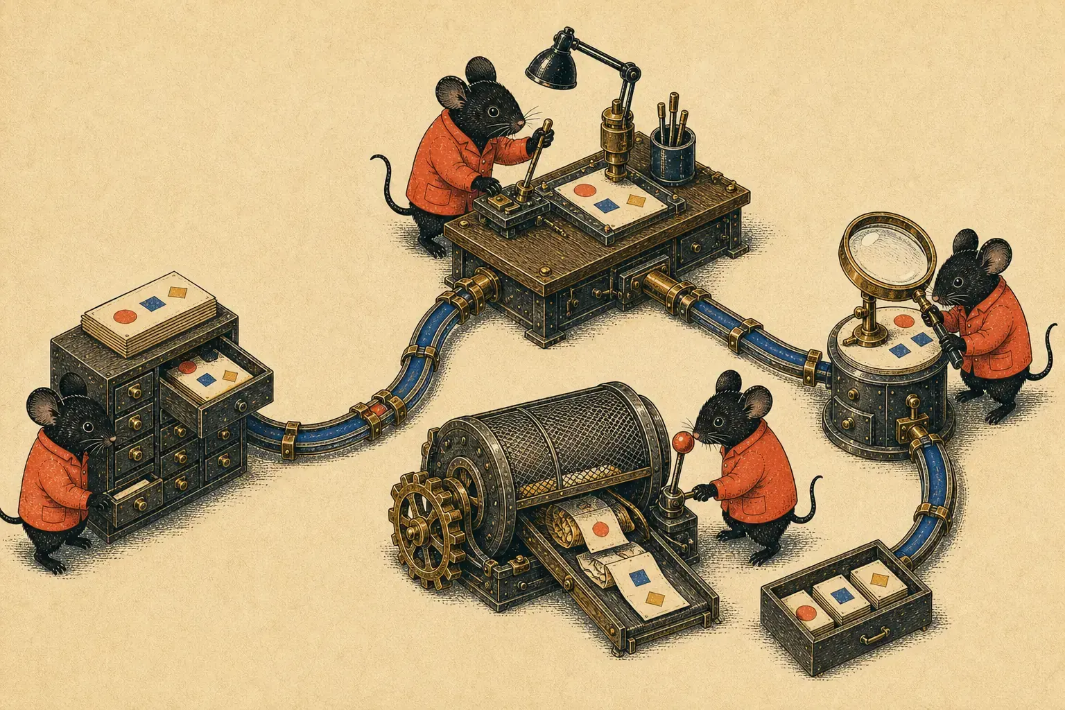 Codegraff mice connect a model workbench to three tool stations and filter bulky results into compact reusable cards.