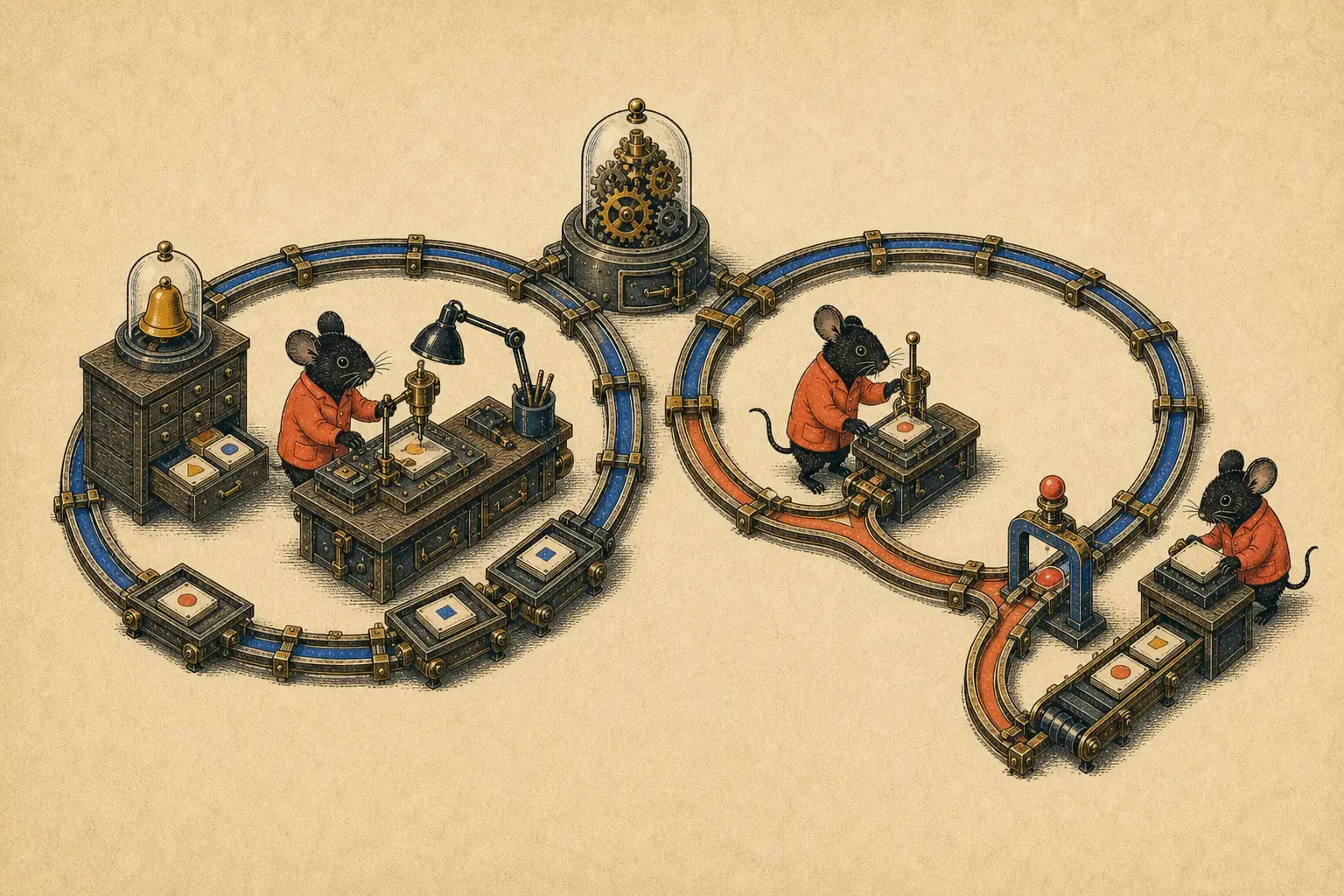 Two Codegraff mouse-operated rail loops compare a persistent RLM loop with a speculative branch that rejoins at a verification gate.