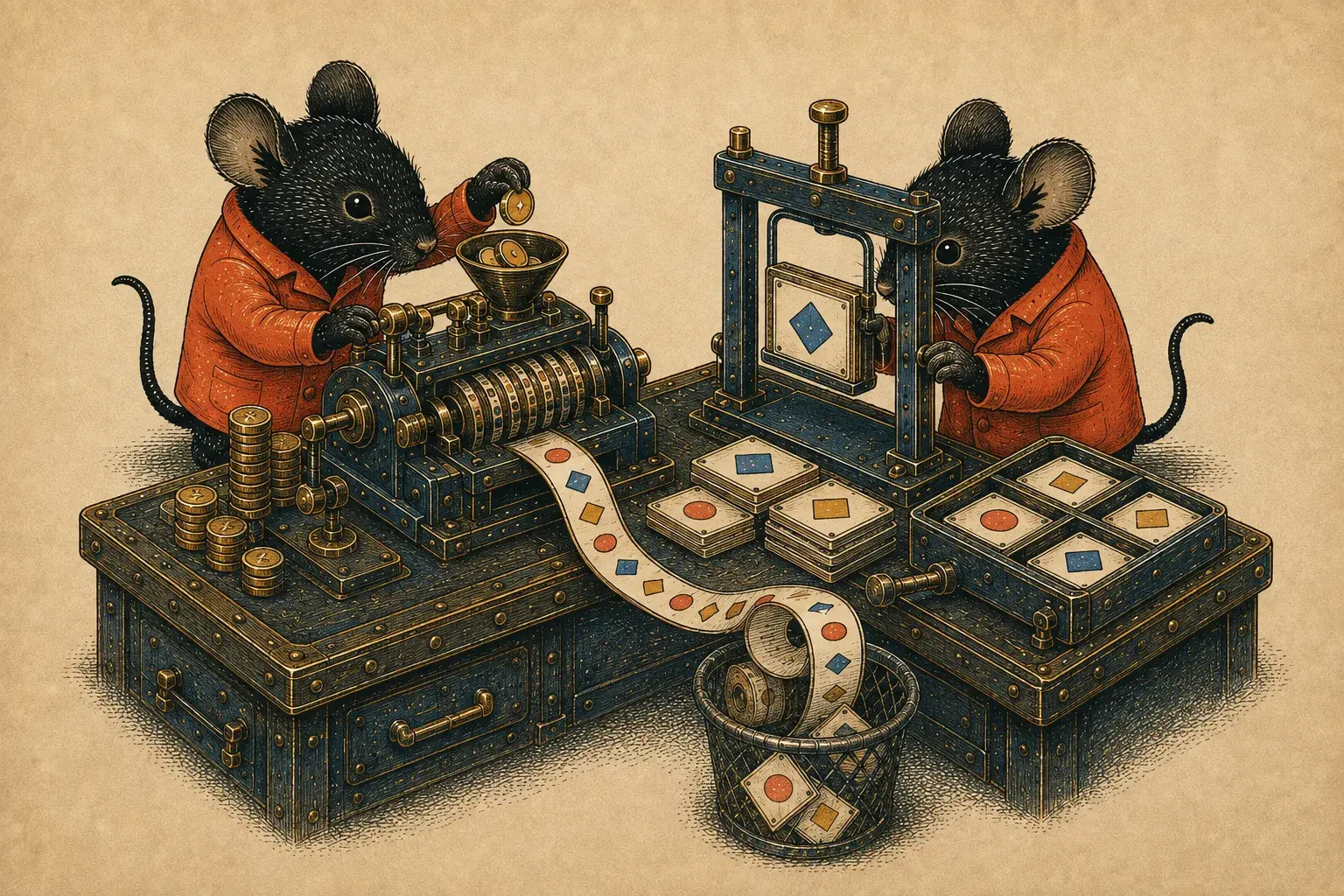 Two mouse engineers count brass tokens and verify task cards beside a curling receipt and discarded failed attempts.