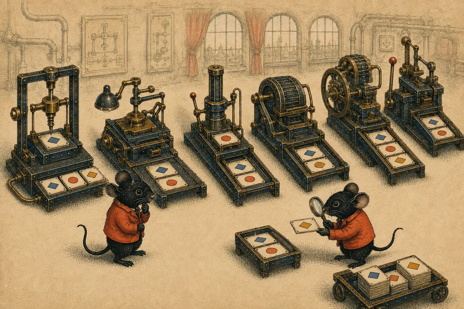 Mouse engineers compare differently shaped brass coding machines that receive matching task cards.