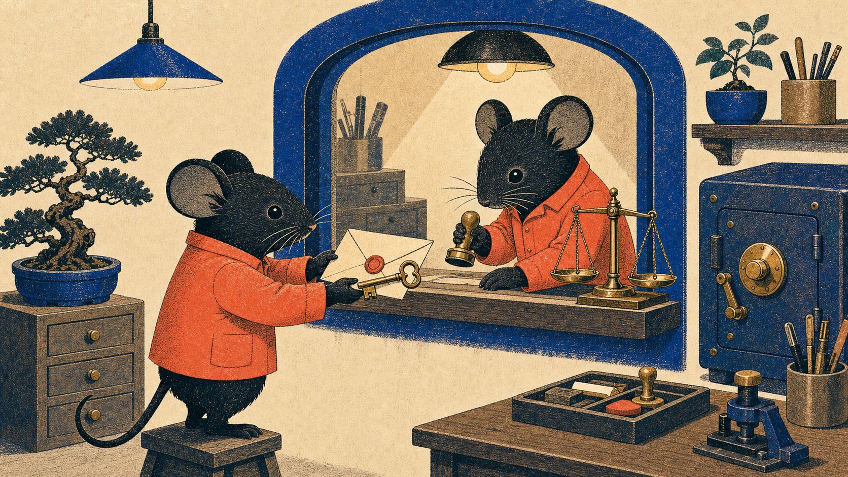 Two workshop mice complete a careful handoff of a sealed envelope and brass key.