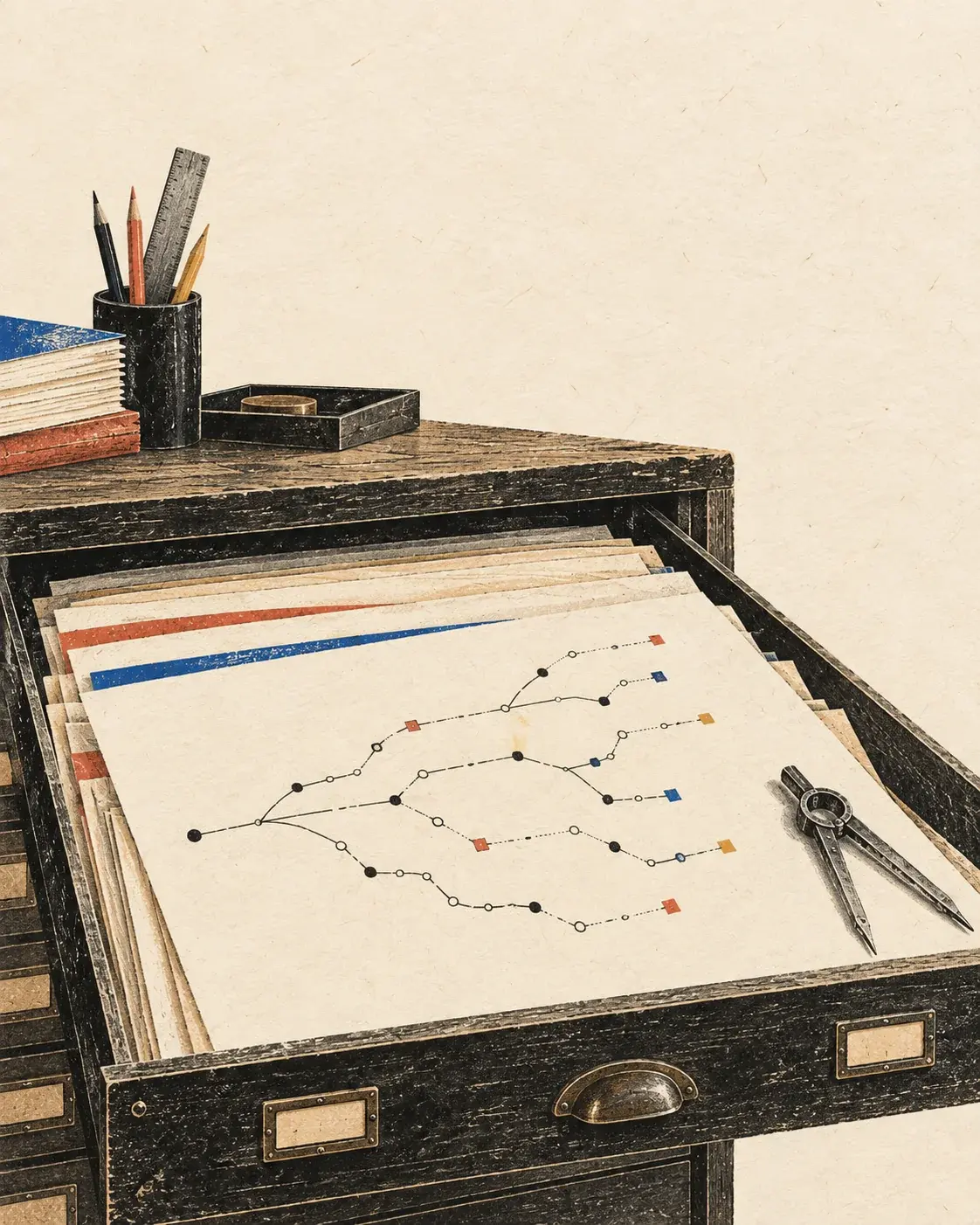 Illustrated drafting drawer holding a sheet with branching project routes.