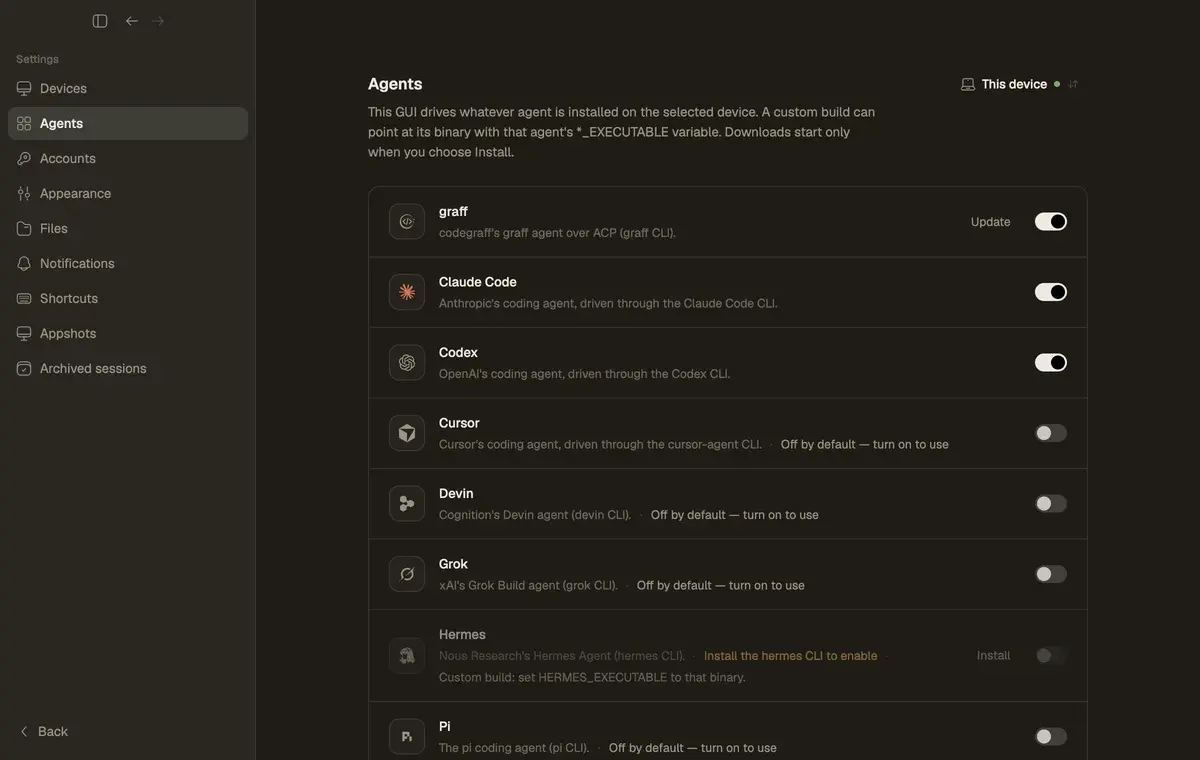 Harness Settings, Agents: graff, Claude Code, Codex and other installed agents.